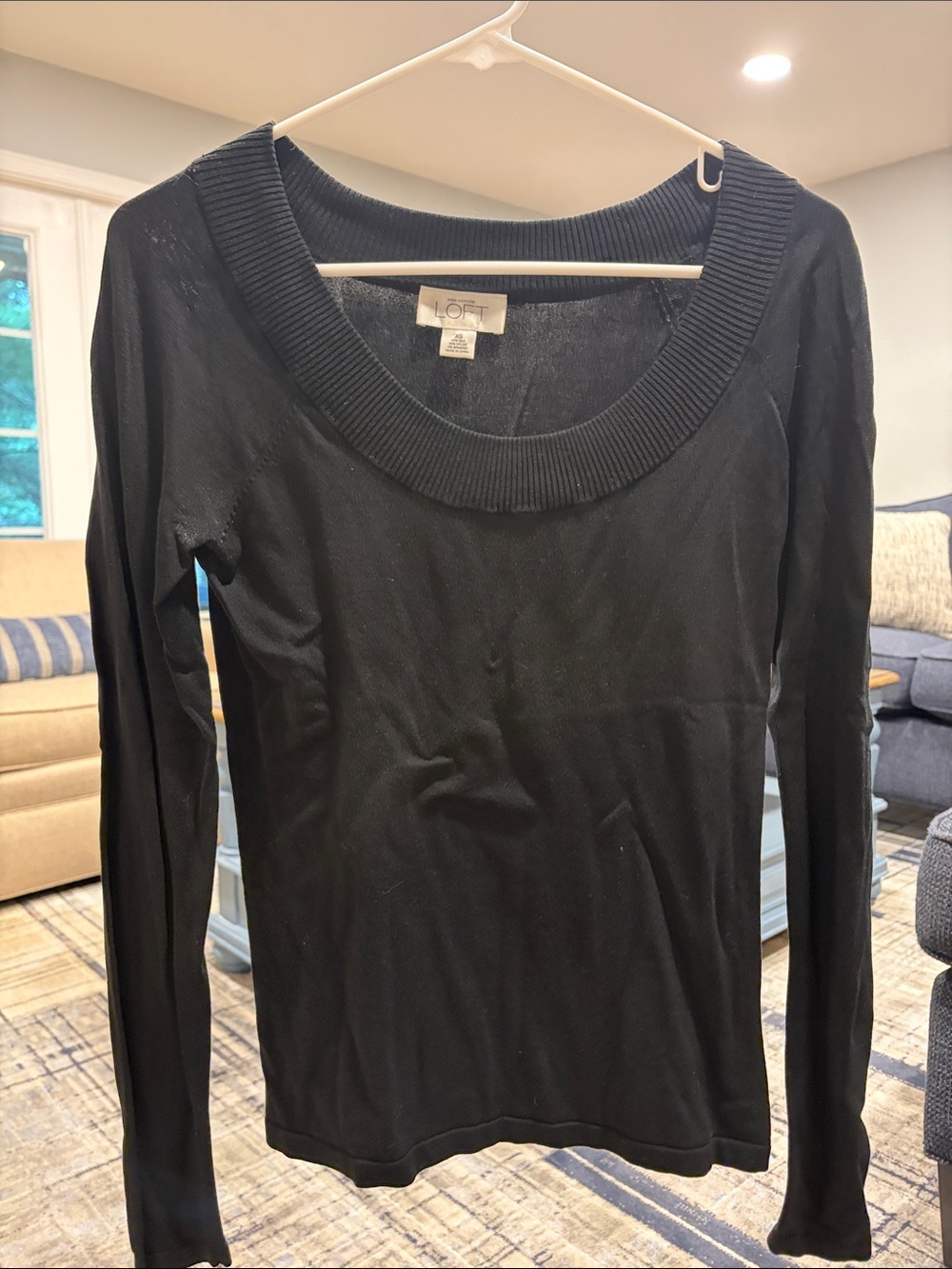 LOFT Black Ribbed Scoop-Neck Long Sleeve Top